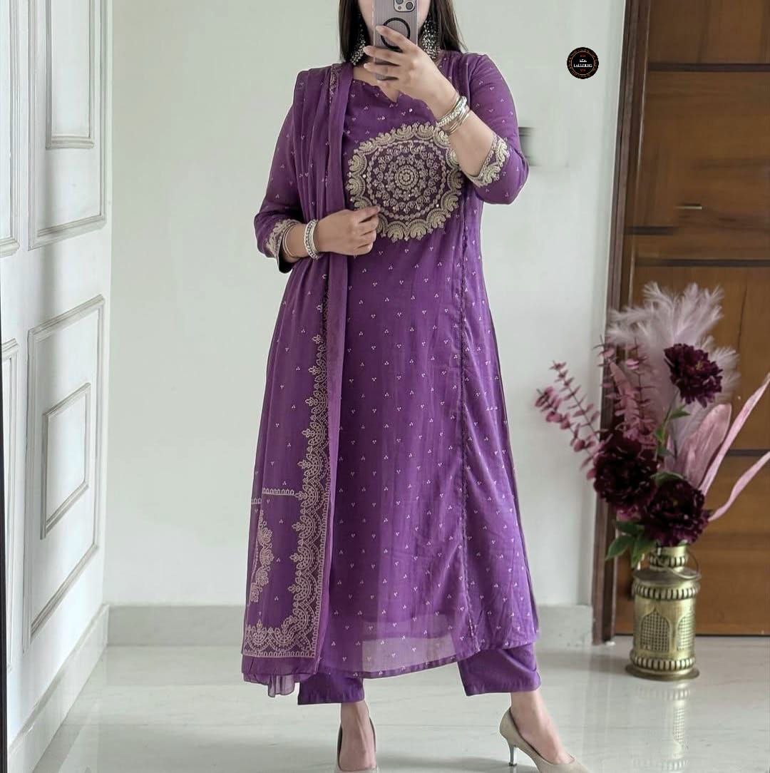 Elegance purple pure Malmal Cotton Anarkali kurta set