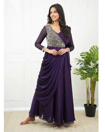 Purple New Style & Beautiful Glossy Georgette Saree-anarkali Dress With Embroidery Work