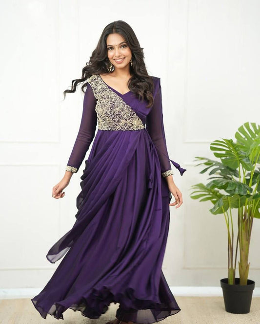 Purple New Style & Beautiful Glossy Georgette Saree-anarkali Dress With Embroidery Work