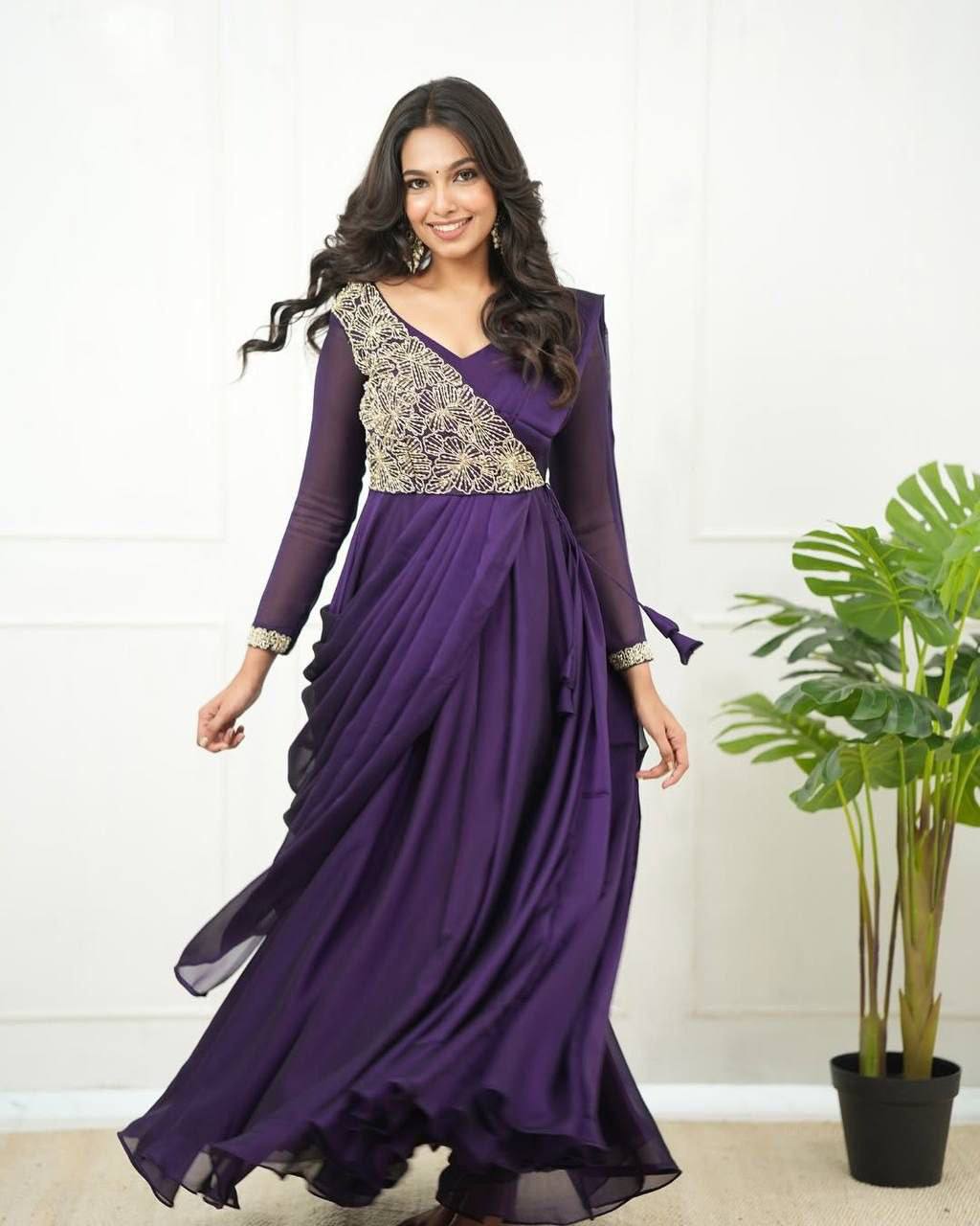 Purple New Style & Beautiful Glossy Georgette Saree-anarkali Dress With Embroidery Work