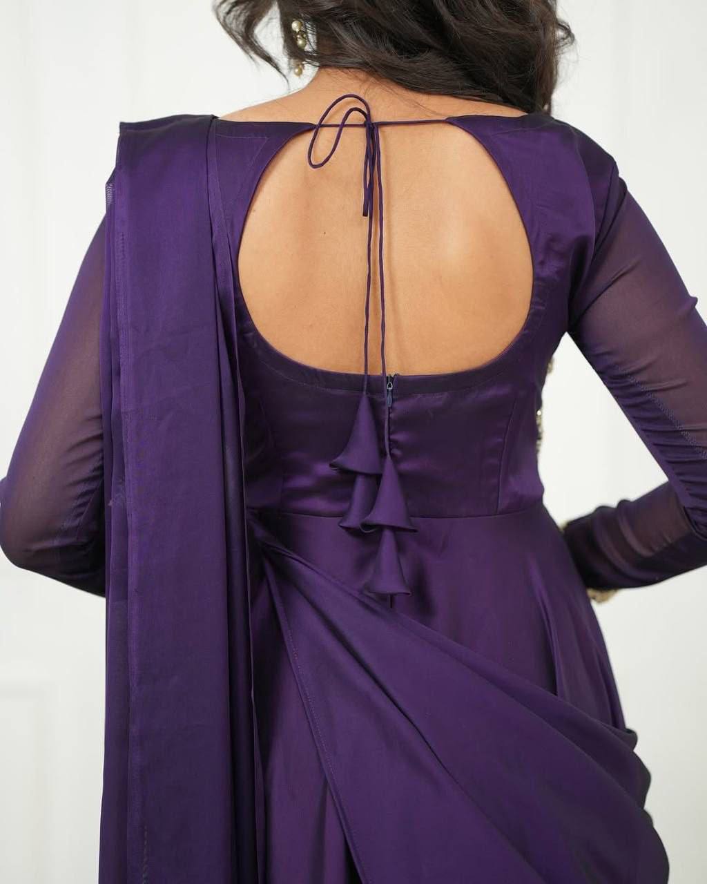 Purple New Style & Beautiful Glossy Georgette Saree-anarkali Dress With Embroidery Work