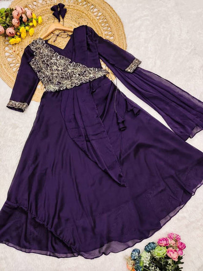 Purple New Style & Beautiful Glossy Georgette Saree-anarkali Dress With Embroidery Work