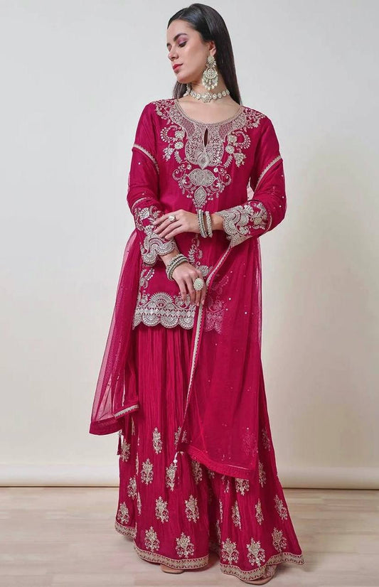 Womens Fuchsia Zari Embroidered Chinon Sharara Set with Dupatta