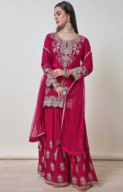 Womens Fuchsia Zari Embroidered Chinon Sharara Set with Dupatta