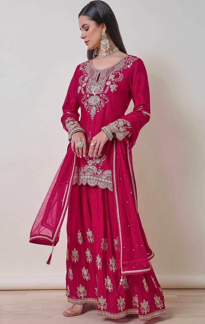 Womens Fuchsia Zari Embroidered Chinon Sharara Set with Dupatta