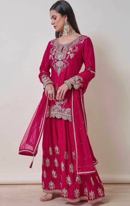 Womens Fuchsia Zari Embroidered Chinon Sharara Set with Dupatta