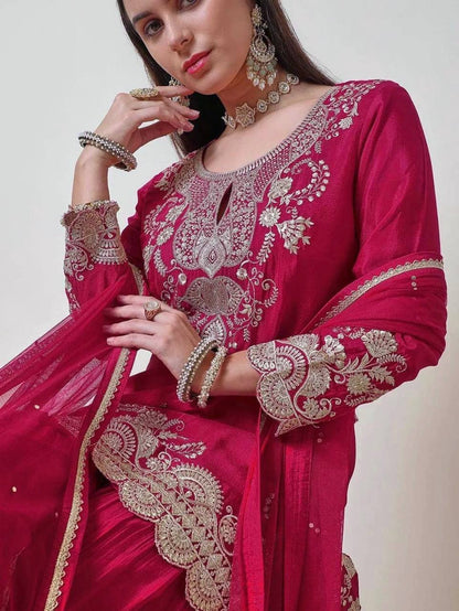 Womens Fuchsia Zari Embroidered Chinon Sharara Set with Dupatta