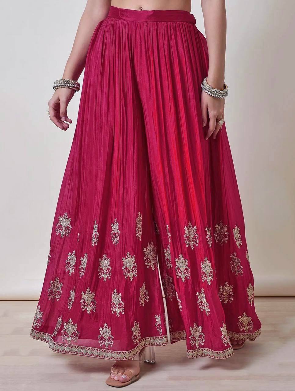 Womens Fuchsia Zari Embroidered Chinon Sharara Set with Dupatta