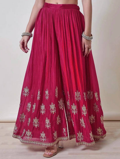 Womens Fuchsia Zari Embroidered Chinon Sharara Set with Dupatta