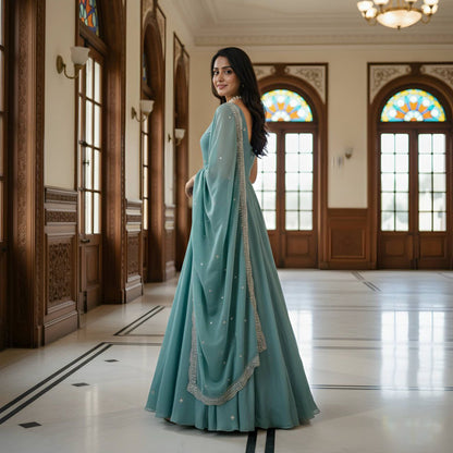 pastel teal Anarkali with delicate embroidery is the perfect blend of grace and charm