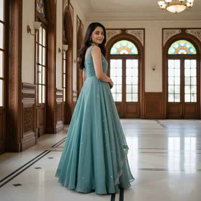 pastel teal Anarkali with delicate embroidery is the perfect blend of grace and charm