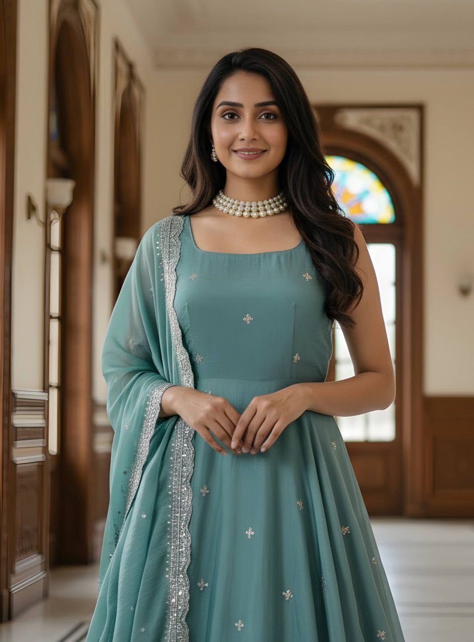 pastel teal Anarkali with delicate embroidery is the perfect blend of grace and charm