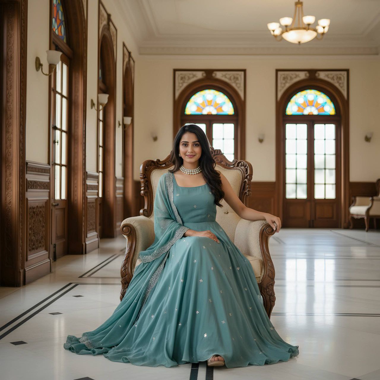 pastel teal Anarkali with delicate embroidery is the perfect blend of grace and charm