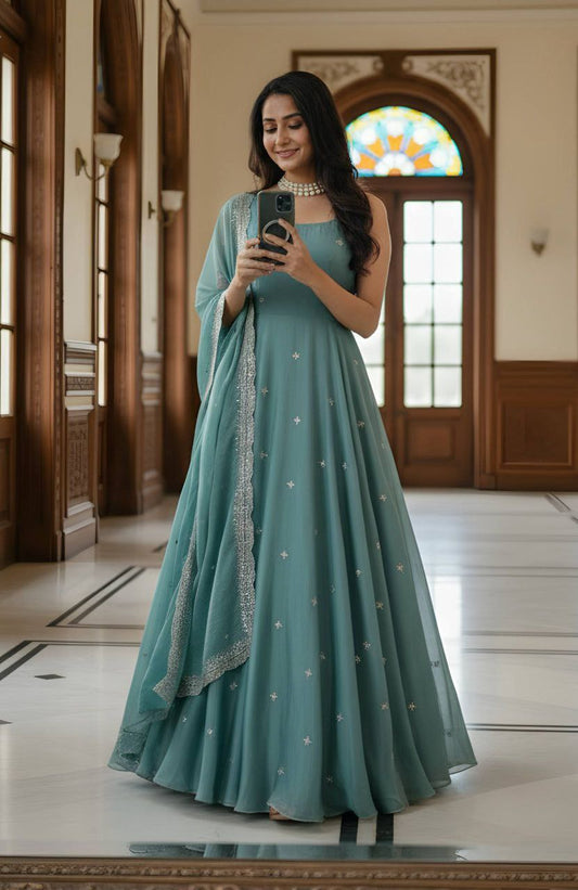 pastel teal Anarkali with delicate embroidery is the perfect blend of grace and charm
