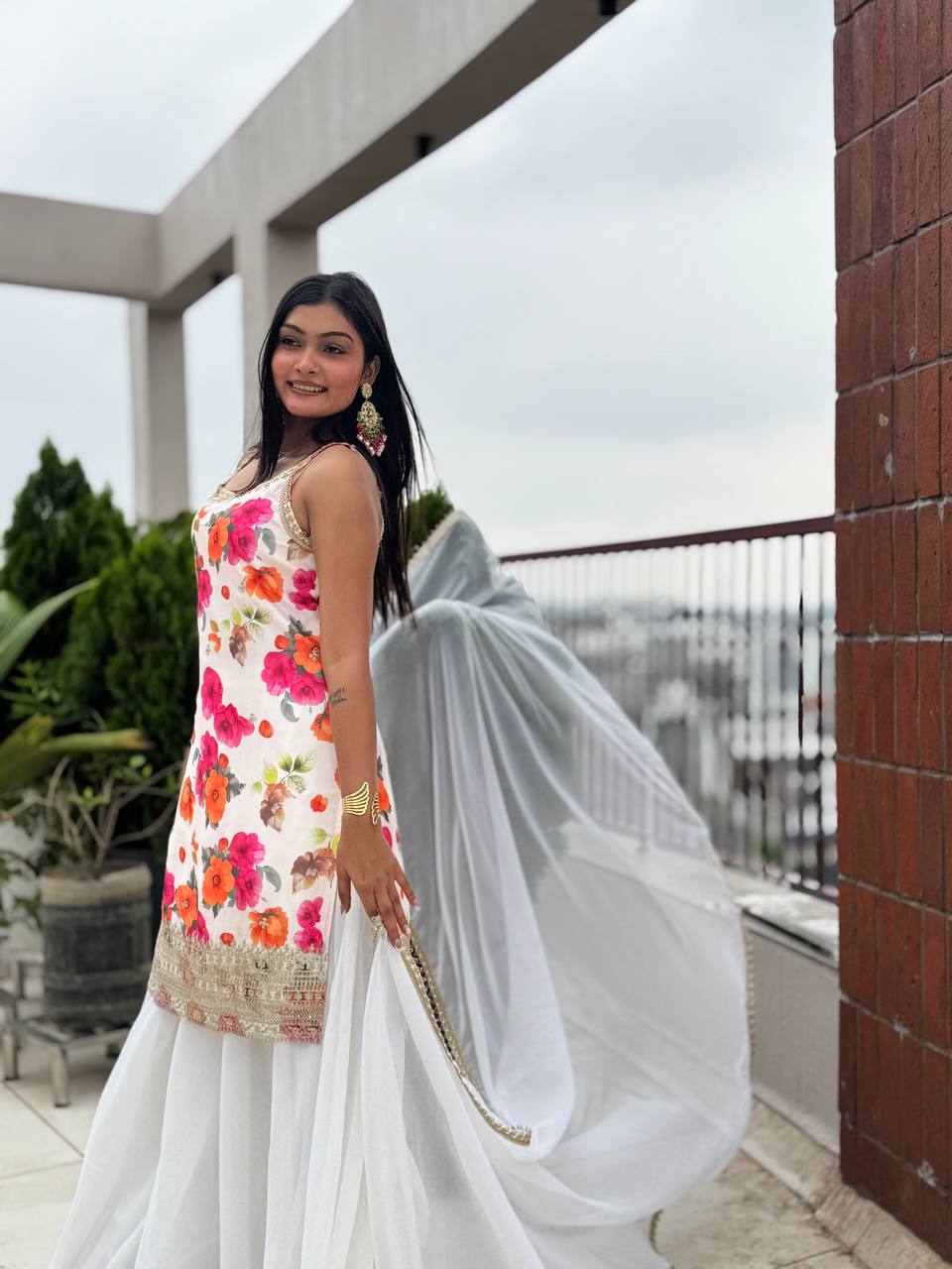 Exclusive White Chinon Silk Kurti with Flared Plazzo and Lace Dupatta