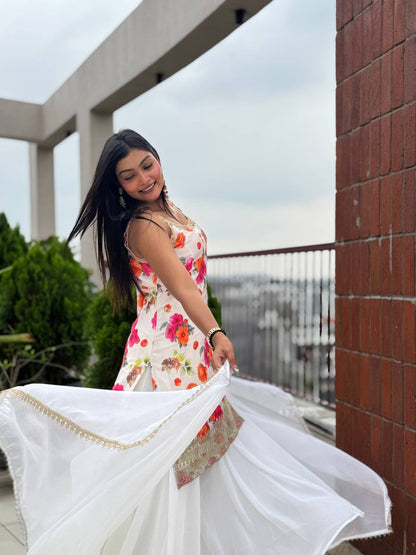 Exclusive White Chinon Silk Kurti with Flared Plazzo and Lace Dupatta