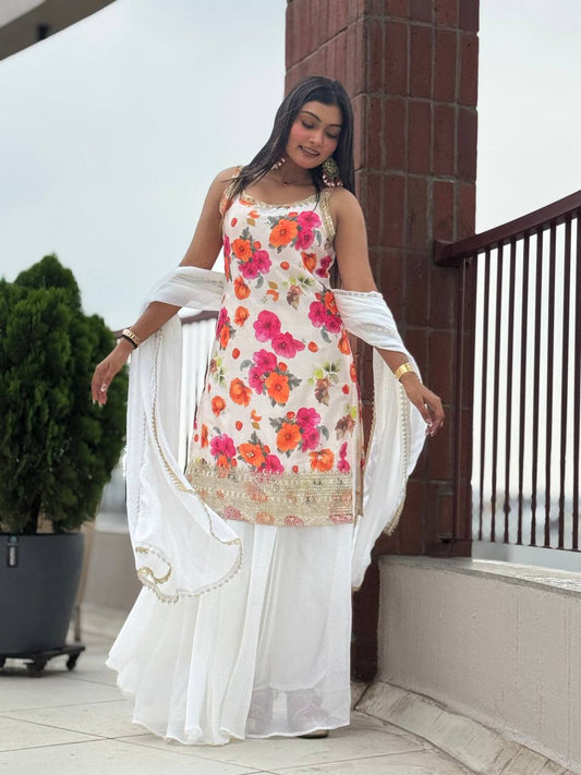 Exclusive White Chinon Silk Kurti with Flared Plazzo and Lace Dupatta