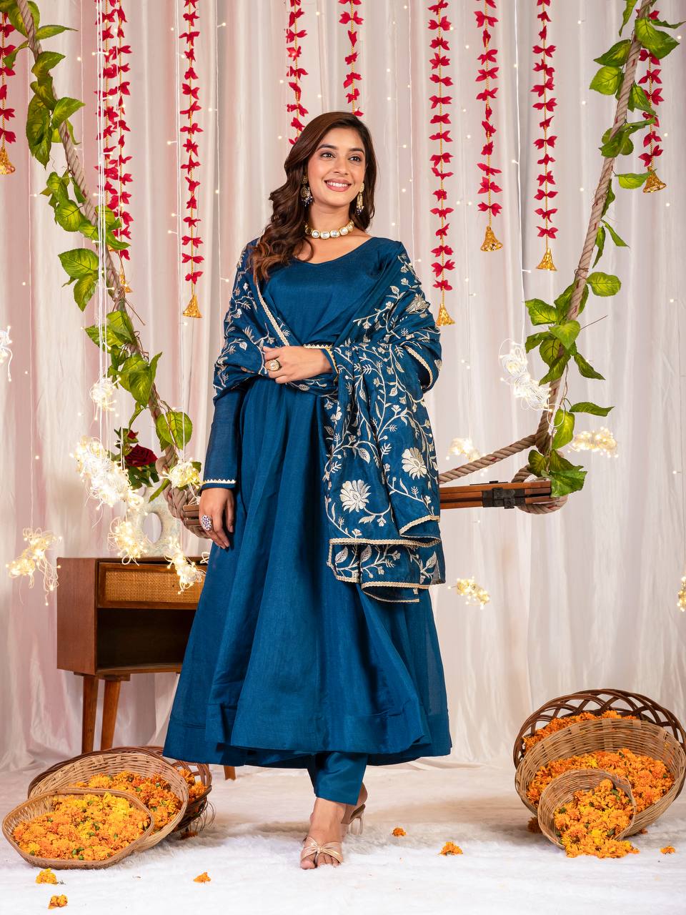 Bule Color Silk Fabric With Embroidery Work Gown Set