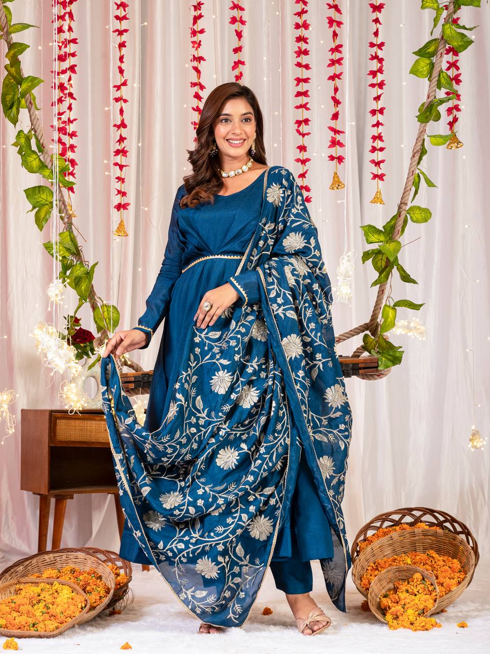 Bule Color Silk Fabric With Embroidery Work Gown Set