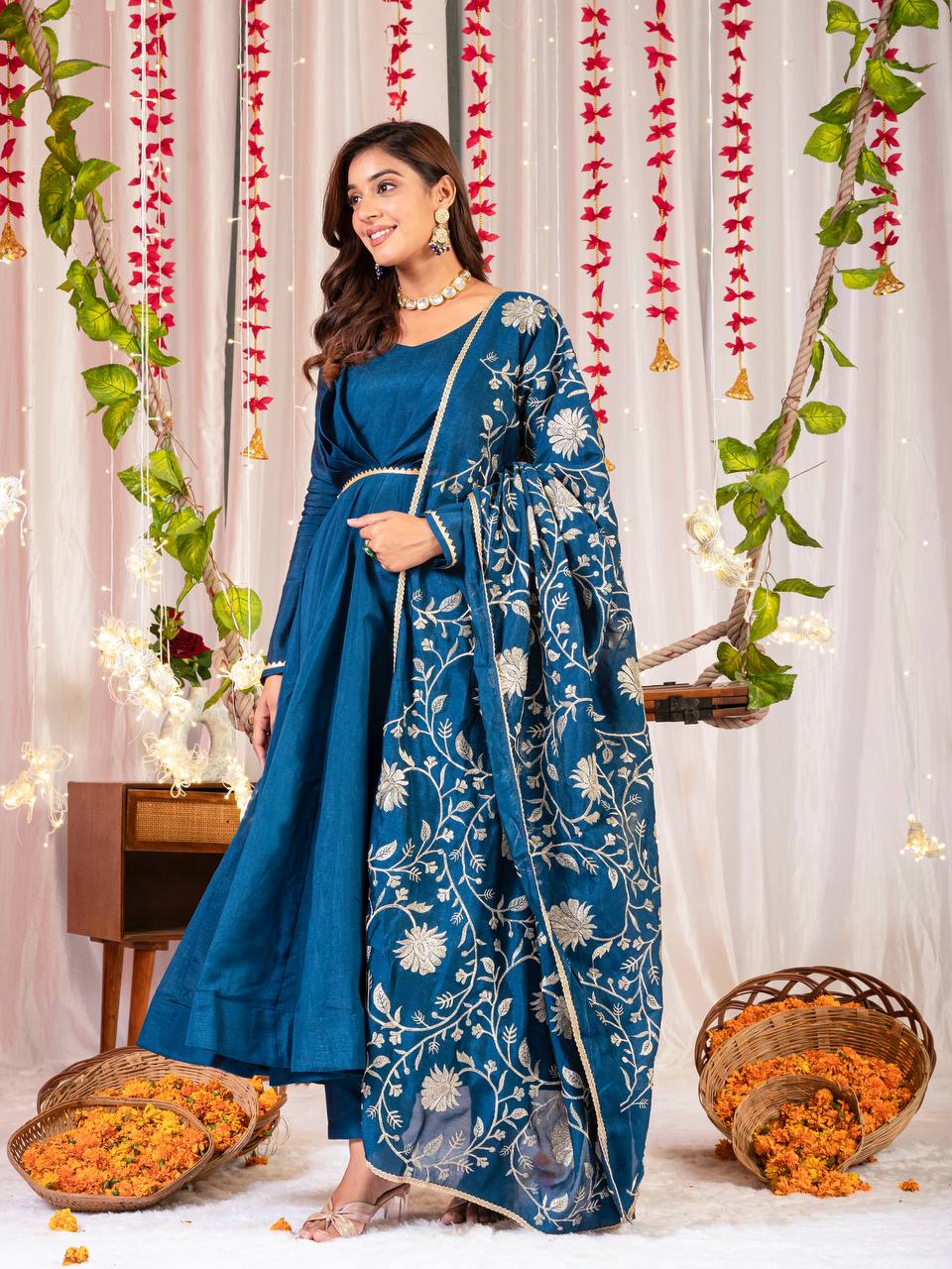Bule Color Silk Fabric With Embroidery Work Gown Set