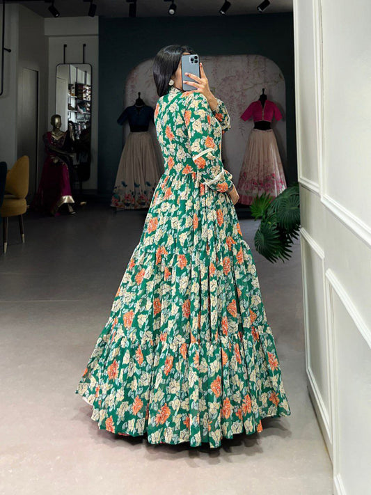 Green Triple-Layer Floral Georgette Gown – Effortless Elegance
