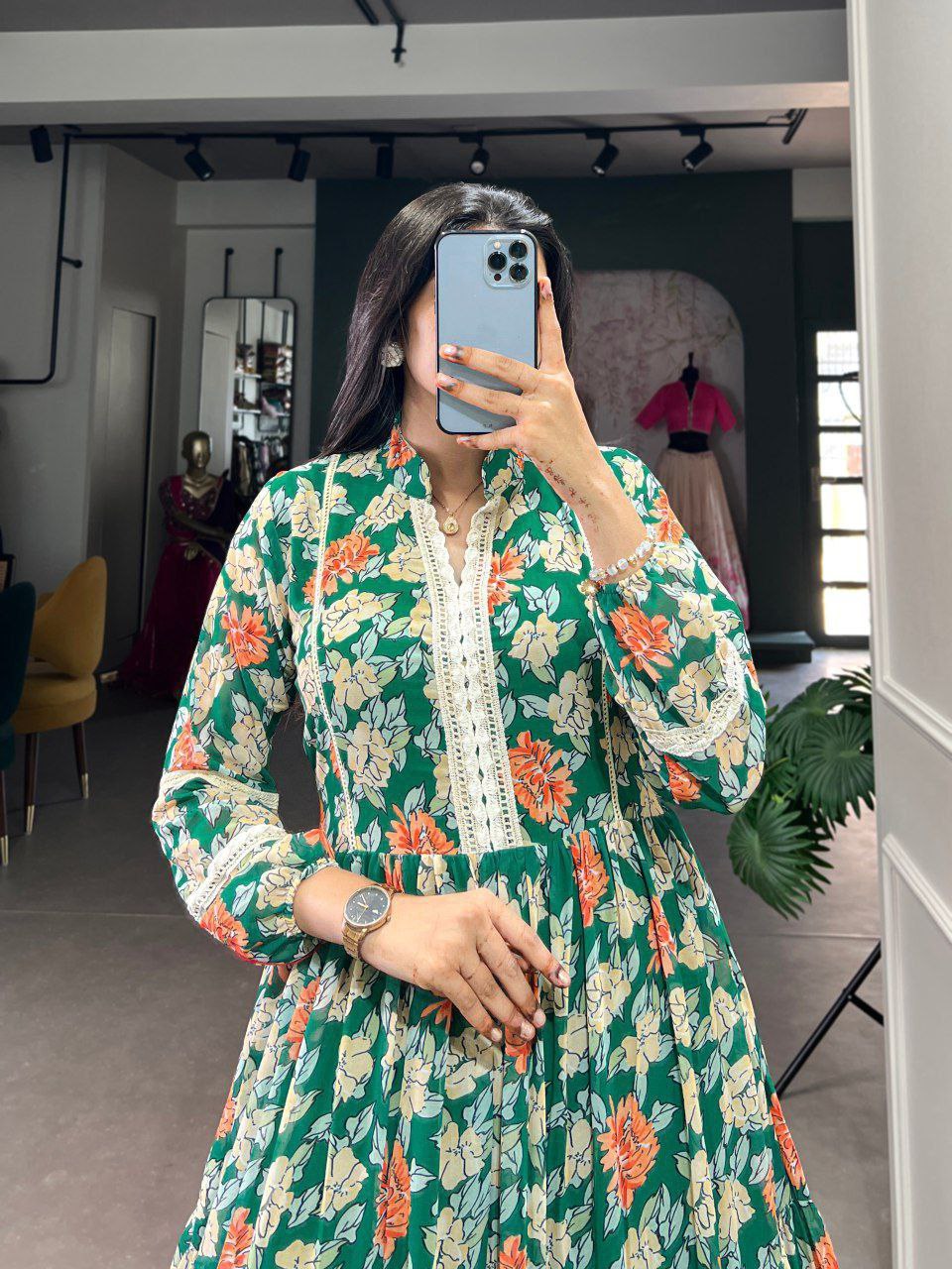 Green Triple-Layer Floral Georgette Gown – Effortless Elegance