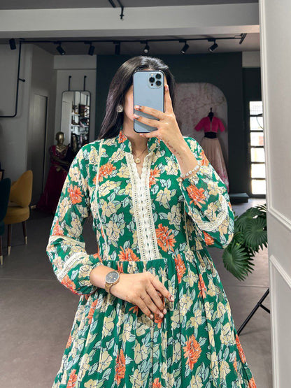 Green Triple-Layer Floral Georgette Gown – Effortless Elegance