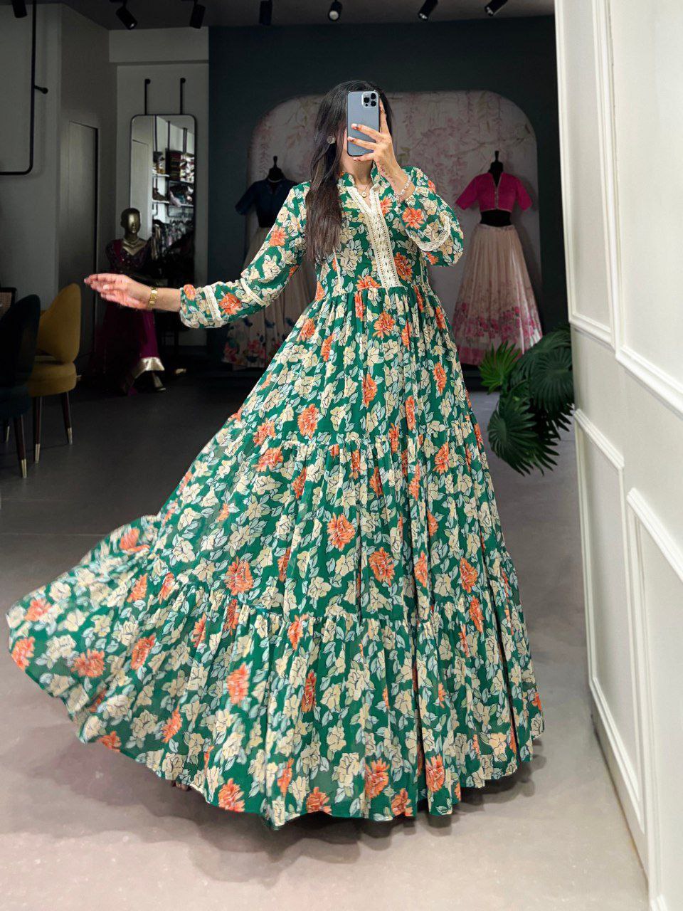Green Triple-Layer Floral Georgette Gown – Effortless Elegance