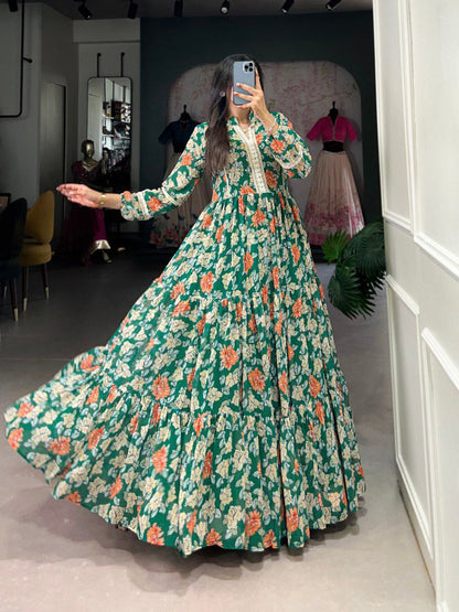 Green Triple-Layer Floral Georgette Gown – Effortless Elegance