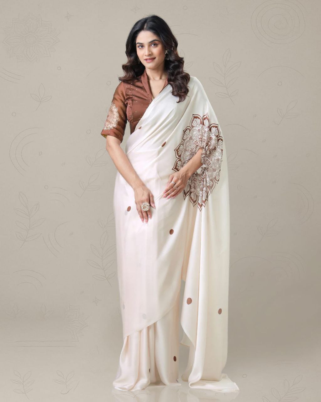 Elangance Cream Japan Satin Digital Print Work Saree