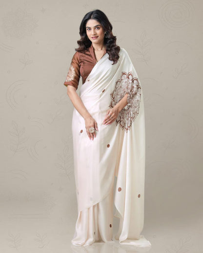 Elangance Cream Japan Satin Digital Print Work Saree
