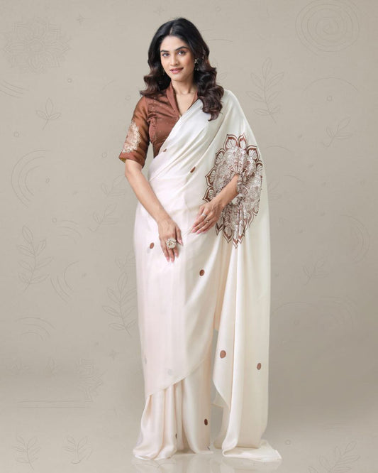 Elangance Cream Japan Satin Digital Print Work Saree
