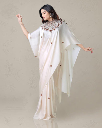 Elangance Cream Japan Satin Digital Print Work Saree