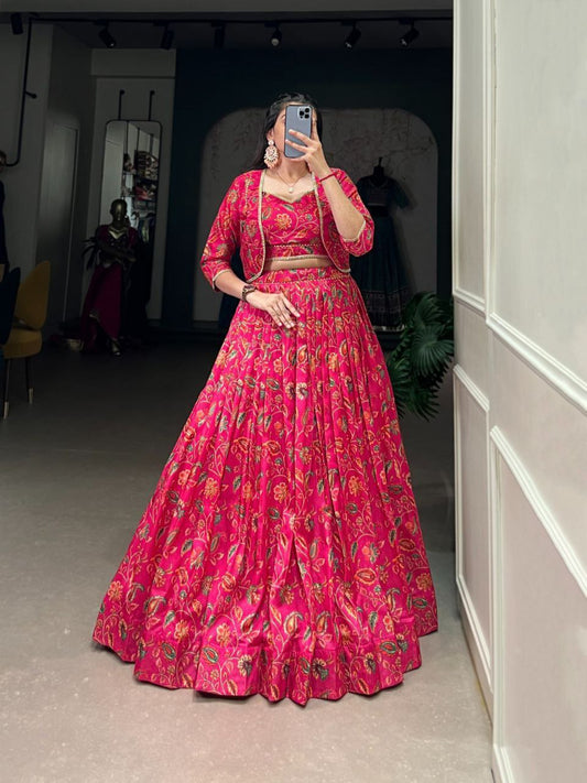 Pink Lehenga choli with koti Tussar Silk Floral Print Wedding Lehenga choli