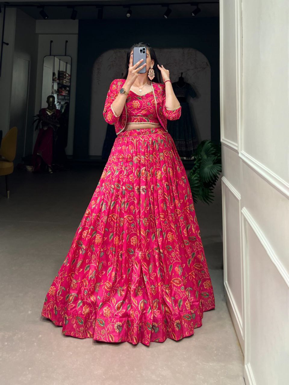 Pink Lehenga choli with koti Tussar Silk Floral Print Wedding Lehenga choli