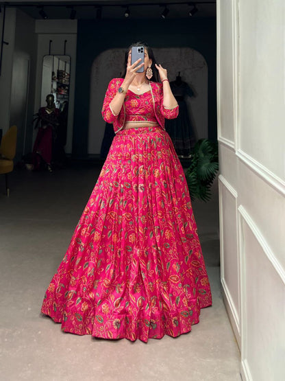 Pink Lehenga choli with koti Tussar Silk Floral Print Wedding Lehenga choli