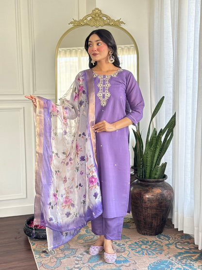 Trendy Purple Color Viscose Embroidered Straight Kurta with Viscose Pant And Jacquard Printed Dupatta Sets