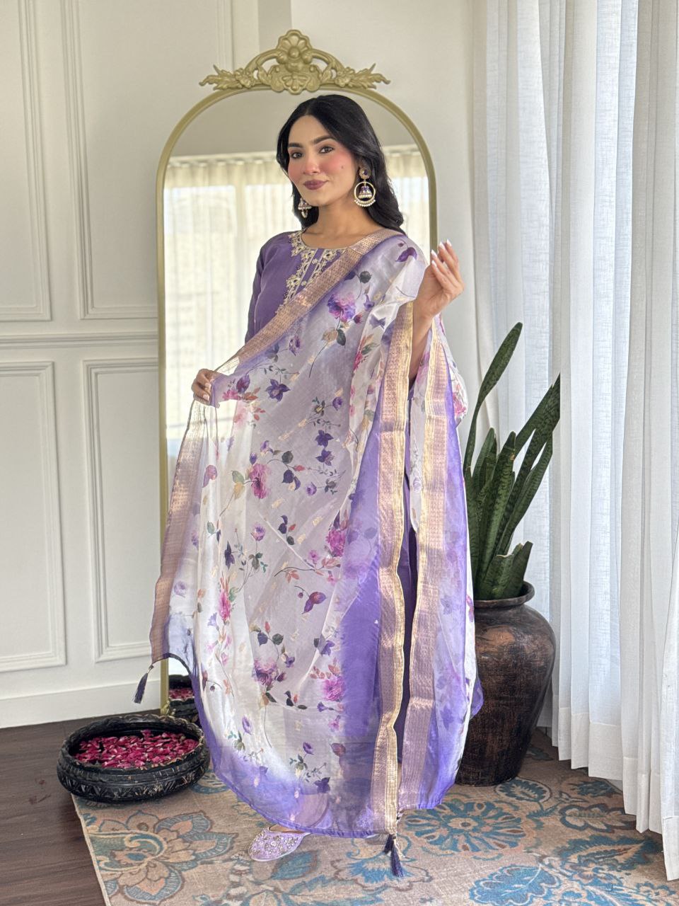 Trendy Purple Color Viscose Embroidered Straight Kurta with Viscose Pant And Jacquard Printed Dupatta Sets