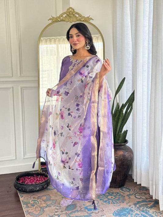 Trendy Purple Color Viscose Embroidered Straight Kurta with Viscose Pant And Jacquard Printed Dupatta Sets