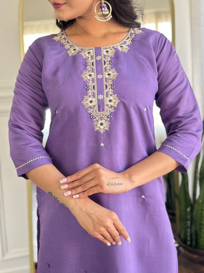 Trendy Purple Color Viscose Embroidered Straight Kurta with Viscose Pant And Jacquard Printed Dupatta Sets