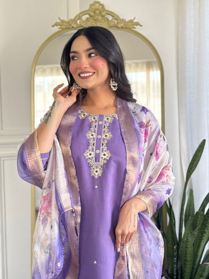 Trendy Purple Color Viscose Embroidered Straight Kurta with Viscose Pant And Jacquard Printed Dupatta Sets
