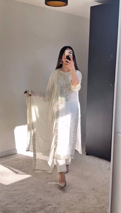 Royal white  Premium Collection With Embroidery And Sequence Worked Top-Bottom And Dupatta Set