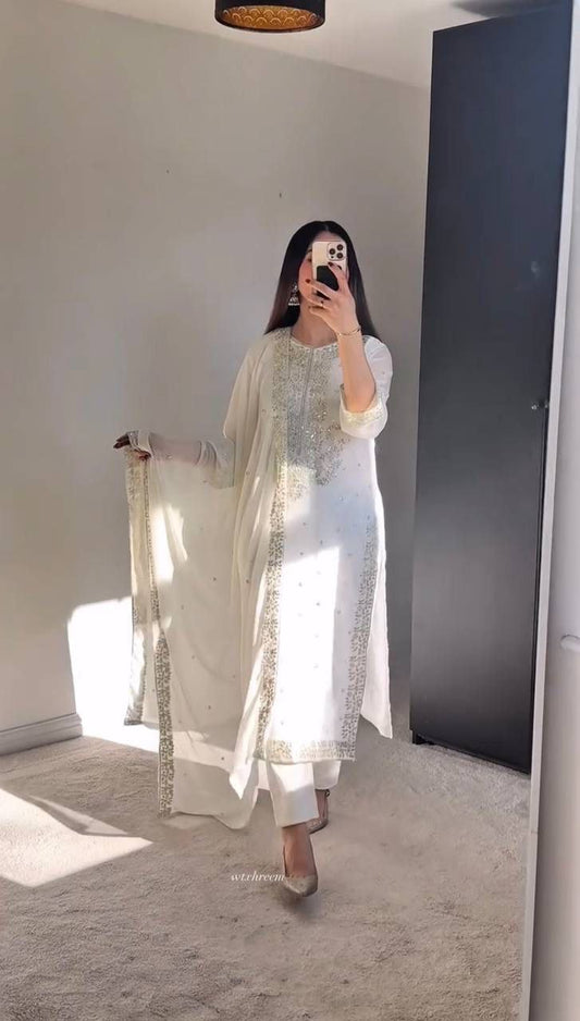 Royal white  Premium Collection With Embroidery And Sequence Worked Top-Bottom And Dupatta Set