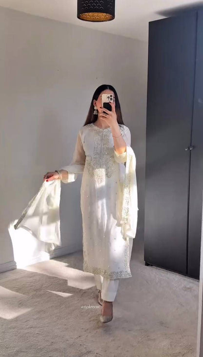 Royal white  Premium Collection With Embroidery And Sequence Worked Top-Bottom And Dupatta Set