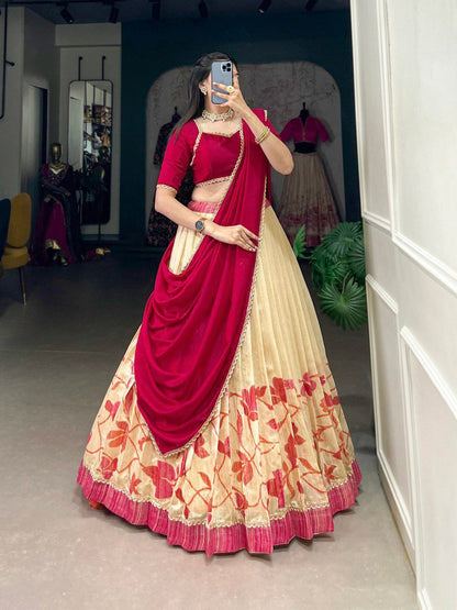 Maroon Color Green Silk Printed Lehenga Choli