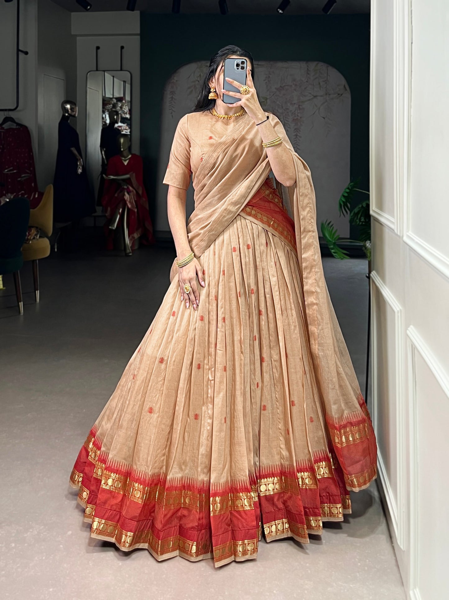 Multicolour Elegant Pure Chanderi Lehenga with Zari Weaving Work – Stitched Lehenga with Unstitched Blouse & Zari Dupatta