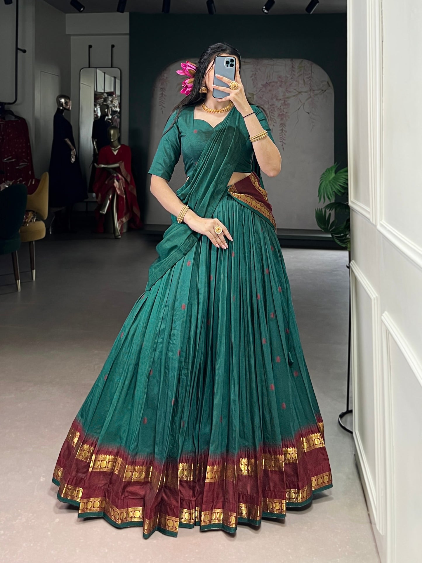 Multicolour Elegant Pure Chanderi Lehenga with Zari Weaving Work – Stitched Lehenga with Unstitched Blouse & Zari Dupatta