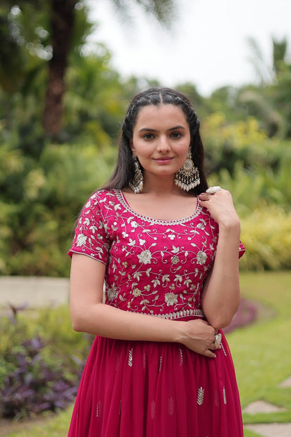 Pink Color Blooming Fabric with Embroider Work Gown Set