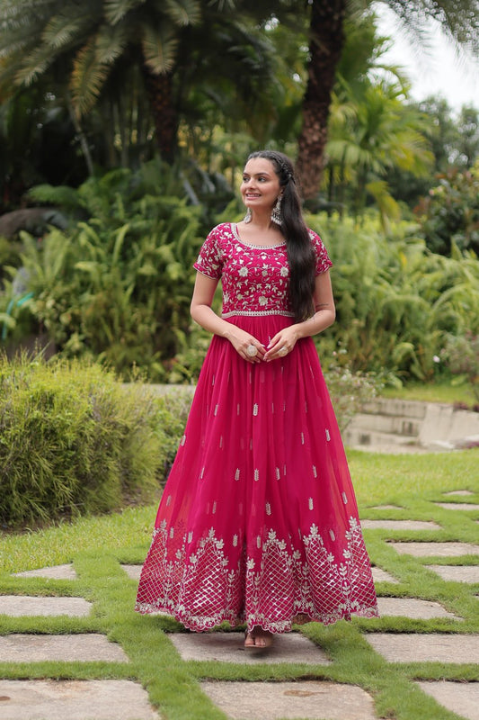 Pink Color Blooming Fabric with Embroider Work Gown Set