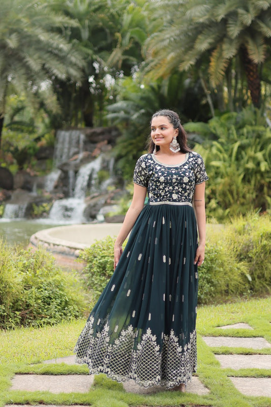 Green Color Blooming Fabric with Embroider Work Gown Set